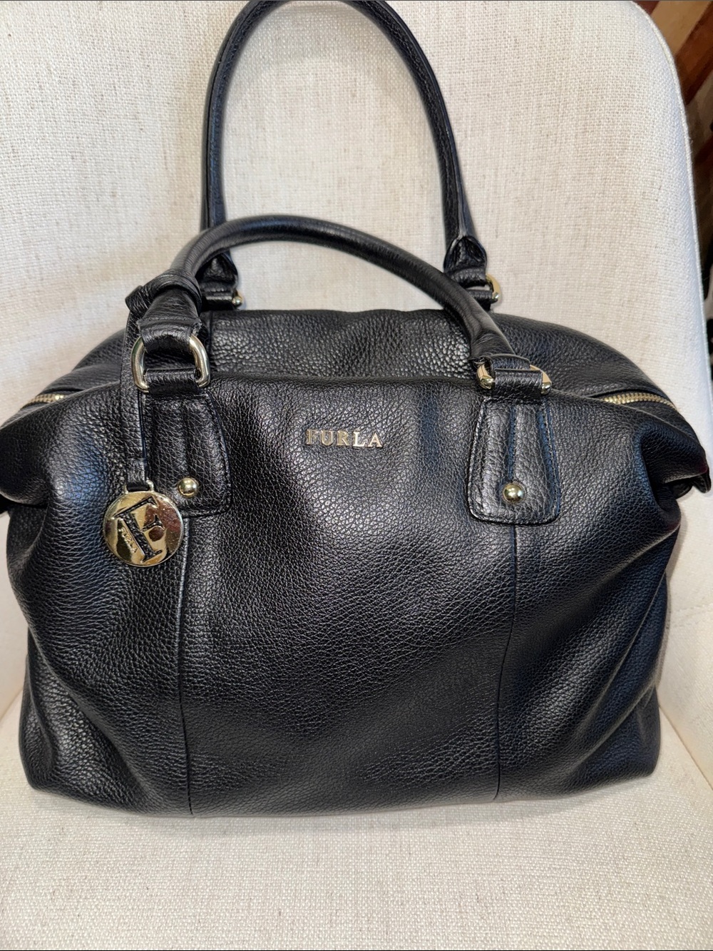 Furla Black Leather Satchel with Gold Accents EUC